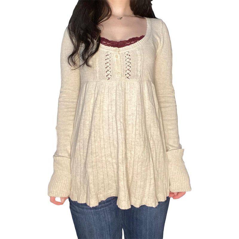 Aiertu  -  Women Vintage Solid Sweater Top Long Sleeve Button Front Knitted Babydoll Top 00S Retro Y2K Fairy Grunge Aesthetic Knitwear Aiertu