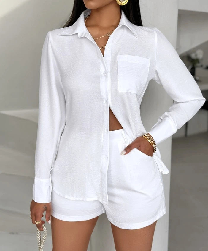 Aiertu Women's Casual Pocket Design Buttoned Top & Shorts Set Women Clothes New Summer Female Fashion Short Pants Sets 2 Piece Outfits Aiertu