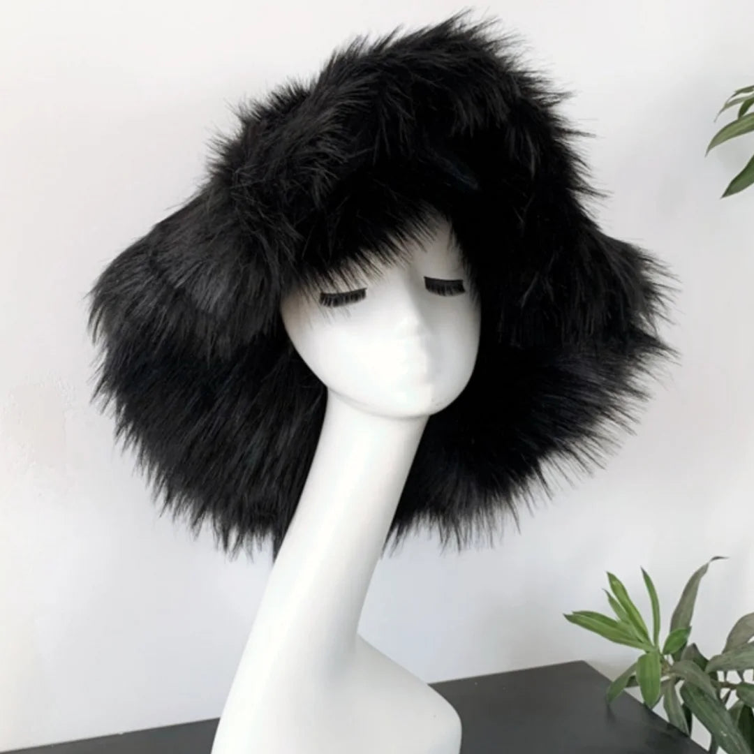 Aiertu  -  Luxury Fluffy Women Faux Fur Bucket Hats Oversized 17cm Wide Brim Thicken Outdoor Warm Plush Punk Hat Girl Y2k Female Ski Panama Aiertu