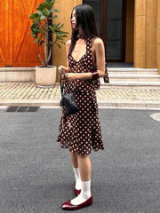 Aiertu  -  Elegant Sweet Polka Dot Print 3-Piece Set Women Scarf+v-Neck Camisole Tops+Skirts Leisure High Street Comfortable Suits Aiertu
