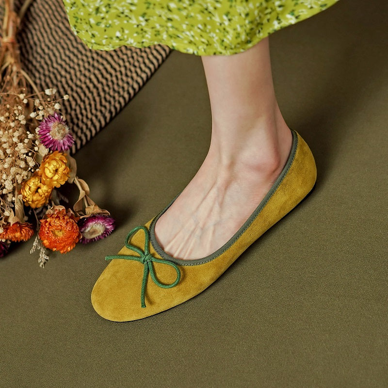Aiertu  Round Toe Ballet Flats Elegant Bowtie Low Heel Walk Shoes Korea Style Soft Sheepsuede Driving FlatsBasic Daily Flat Shoes Woman Aiertu