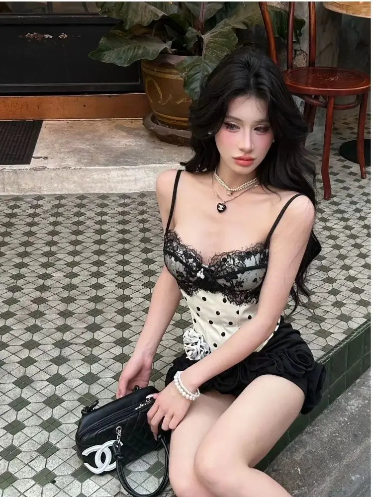 Aiertu  -  Women Two Piece Set Sexy Lace Patchwork Crop Top Rose Hem Mini Skirt Black White Slim Fit Outfit Club Party Matching Suit 2025 Aiertu