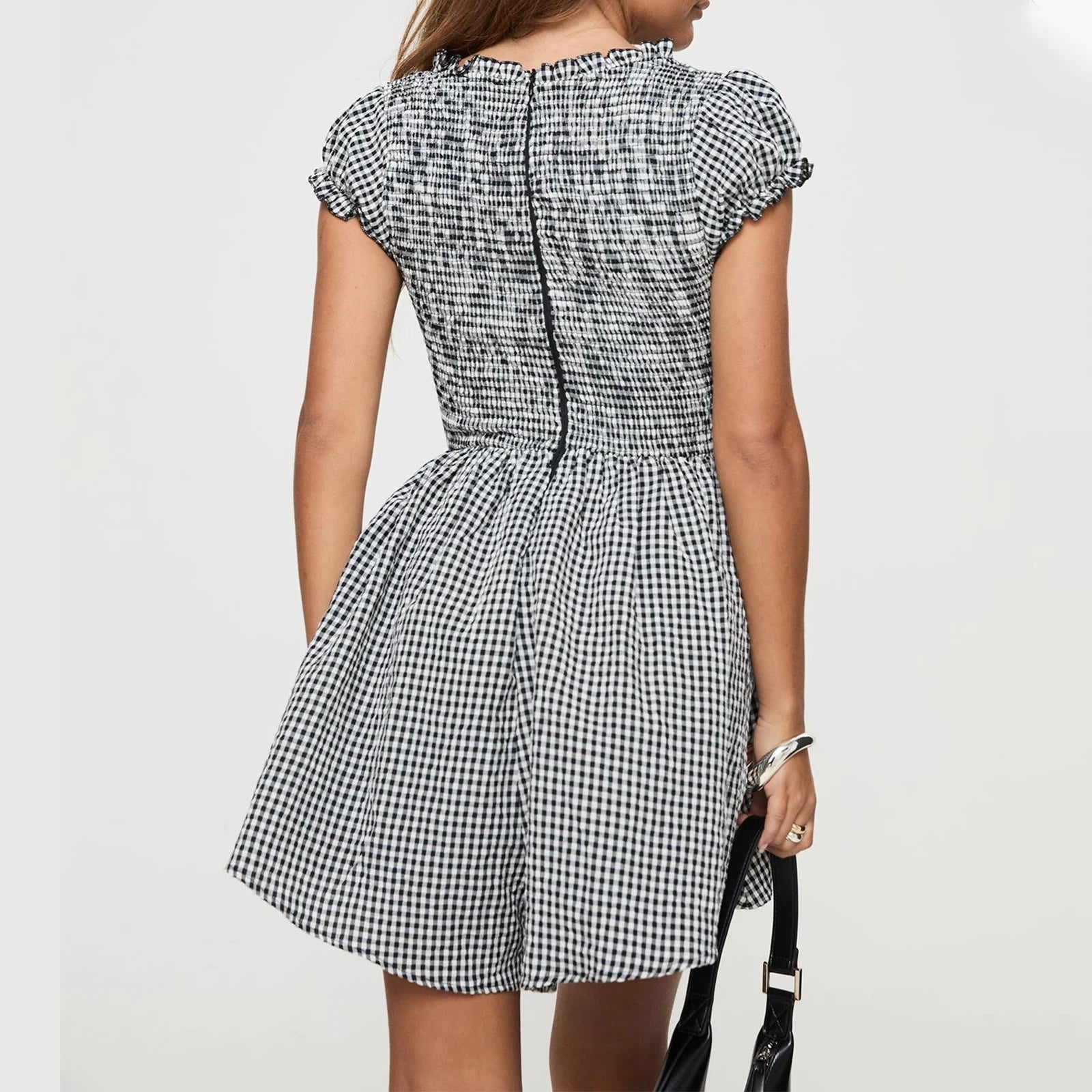 Aiertu  -  Women Y2k Gingham Playsuit Short Sleeve Smocked Babydoll Bodysuit Rompers Flowy A-Line Club Dress Retro Streetwear Aiertu