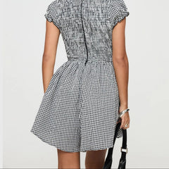 Aiertu  -  Women Y2k Gingham Playsuit Short Sleeve Smocked Babydoll Bodysuit Rompers Flowy A-Line Club Dress Retro Streetwear Aiertu
