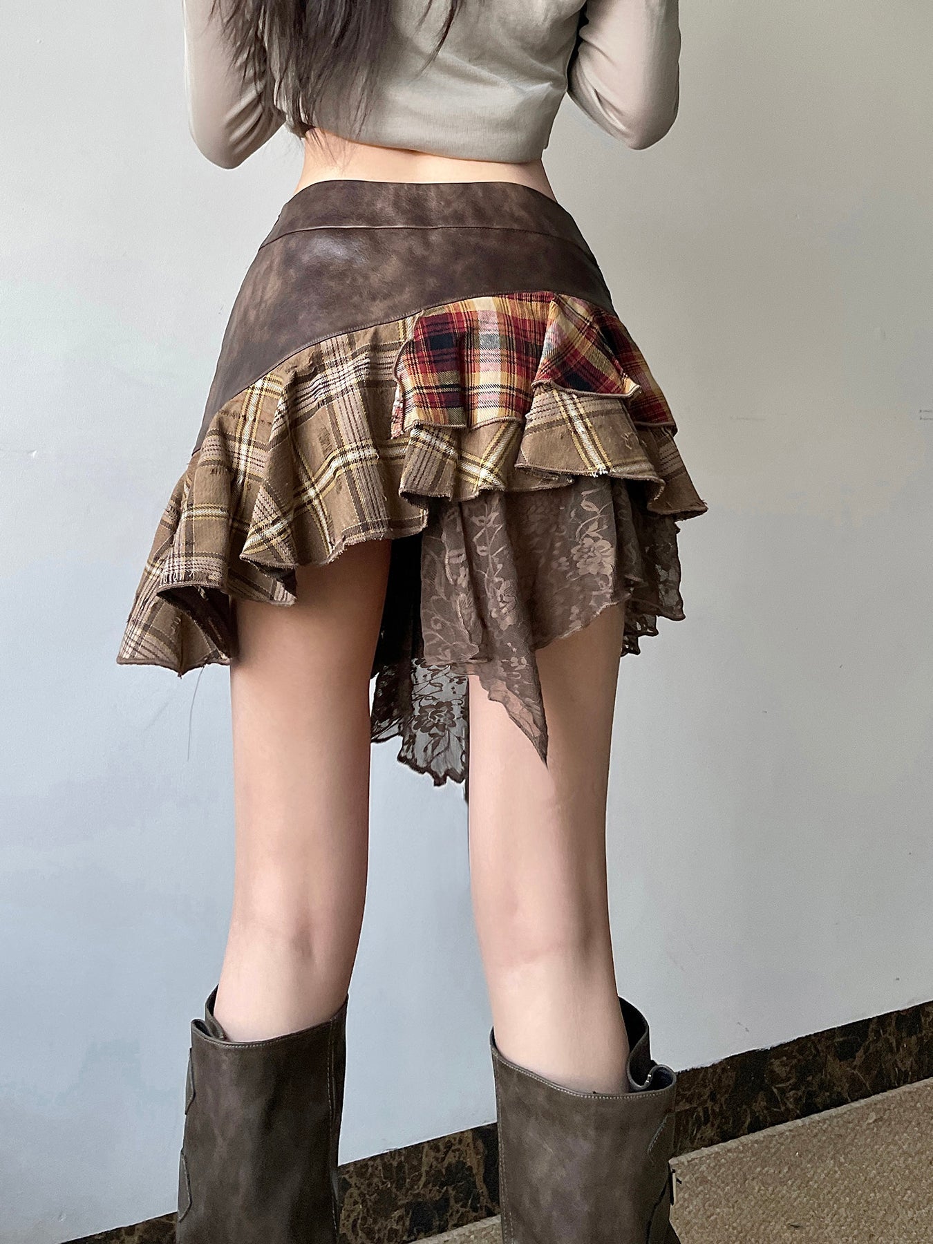 Aiertu - summer inspo American Retro Asymmetrical Women’s Mini Skirts Lace Stripes Plaid Leather Irregular Fashion Chic Design Short Dresses Aiertu