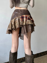 Aiertu - summer inspo American Retro Asymmetrical Women’s Mini Skirts Lace Stripes Plaid Leather Irregular Fashion Chic Design Short Dresses Aiertu