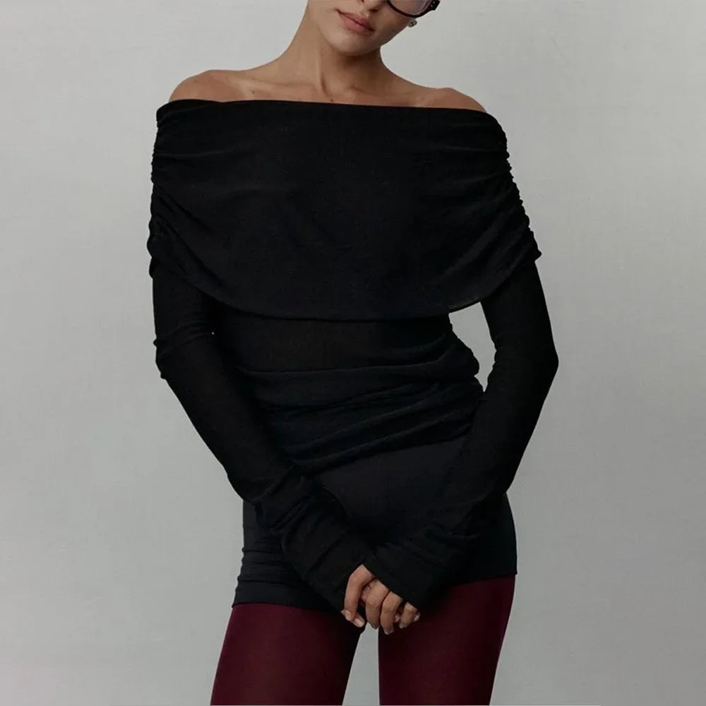 Aiertu  -  Women's Pullover Long Sleeved Knitted Base Shirt Autumn Winter Office Lady Sweater One Shoulder Sexy Slim Fit Off Shoulder Top Aiertu