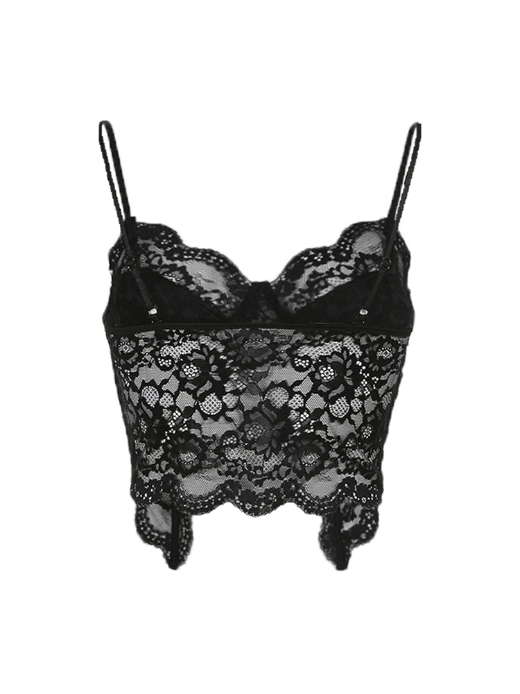 Aiertu - summer inspo Black See Through Sexy Asymmetrical Goth Lace Camisole Women Rave Baddie Outfits Crop Top Aiertu