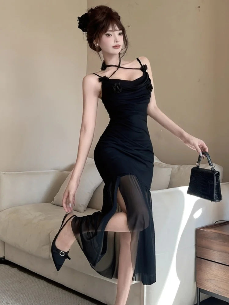 Aiertu  -  Sexy Spaghetti Strap Womens Dresses French Elegant Swinging Collar Birthday Party Midi Dress Female Slim Waist Vestidos Mujer Aiertu
