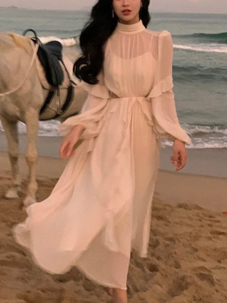 Aiertu Beach Style Chiffon Y2k Mini Dress Office Lady Casual Long Sleeve Elegant One Piece Dress Korean Fashion Clothing Summer Aiertu