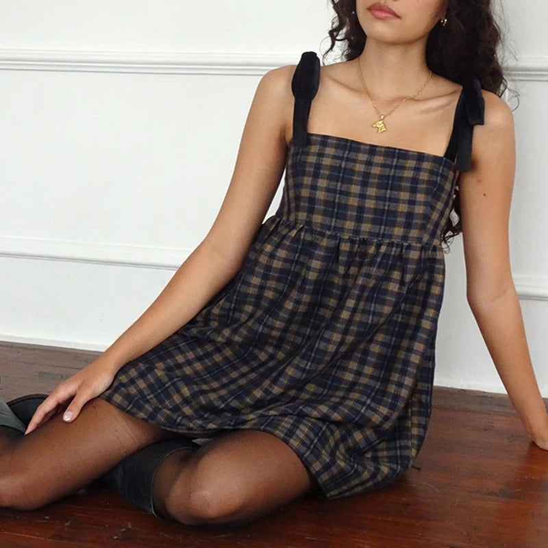 Aiertu  Strap Plaid Print A-Line Party Dress Cottage Cutest Tie up Strap Babydoll Mini Dress Y2k Vintage Fairy Sleevelss Dress Women Aiertu