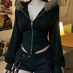 Aiertu  -  Black Hoodies Womens 2000s Clothes Y2k Hooded Sweatshirts With Fur Streetwear Zip Up Cropped Jacket Grunge Corest Top Aiertu