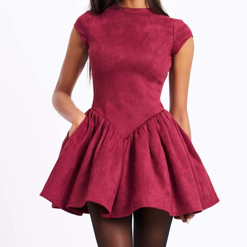 Aiertu  -  Spring 2025 Women Black Wine Red Backless Dress O Neck Short Sleeve A-line Mini Velvet Dresses Party Robe Aiertu