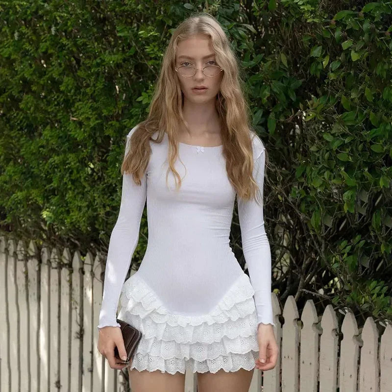 Aiertu       -   Ruffled Long Sleeve Mini Dress Hot Girl Lace Splice Fashion Club Party White Dresses Female Bows Bodycon Outfits Autumn Aiertu