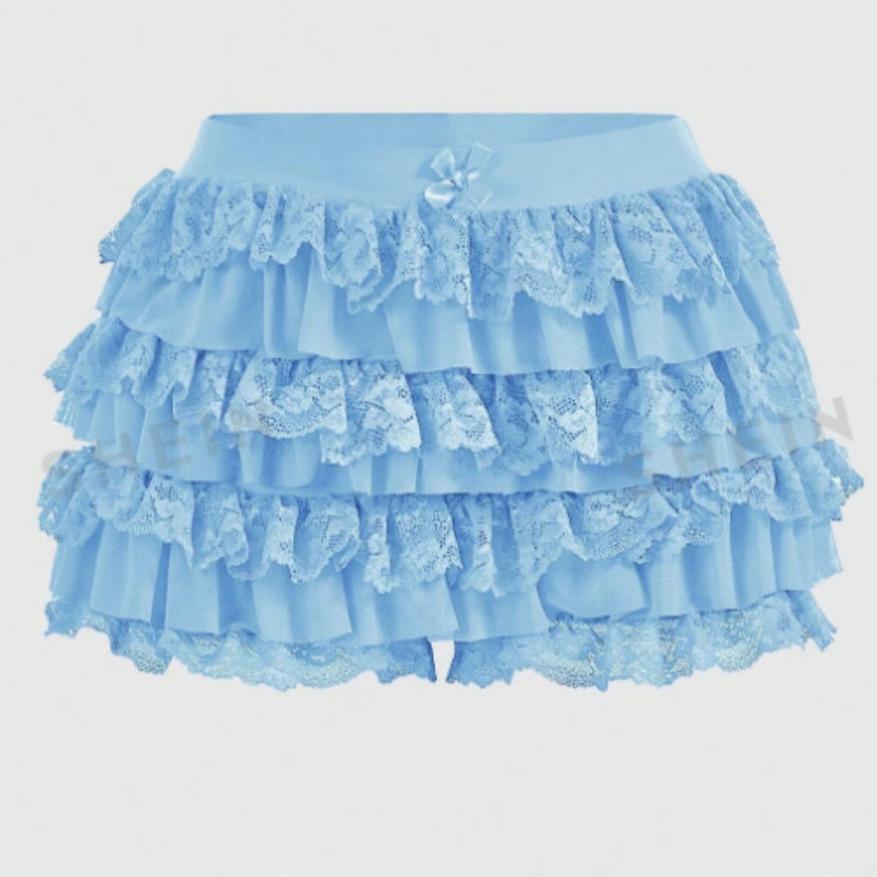Aiertu  -  Women Lace Trim Layered Ruffle Mini Skirts Cute Bow Mesh Tutu Lolita Ruffled Tiered Micro Skirts Bloomer Pettipants Bottoms Aiertu