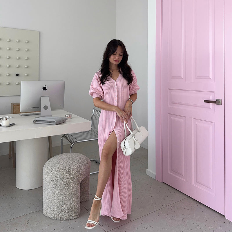Aiertu  Yellow Knit Single Breasted Dress Women Summer Puff Short Sleeves Long Dresses Female 2025 Loose Turndown Collar Lady Robe Aiertu