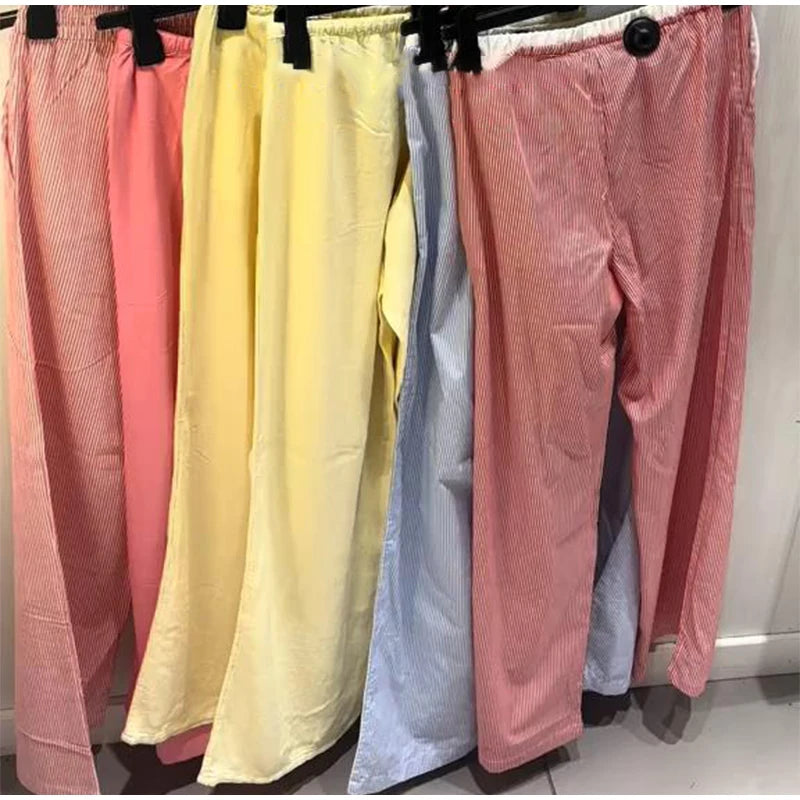 Aiertu  -  Casual Baggy Pants Women High Waist Wide Leg Straight Drawstring 2025 Summer Trouser Low Waist Striped Holiday Street Pants Aiertu