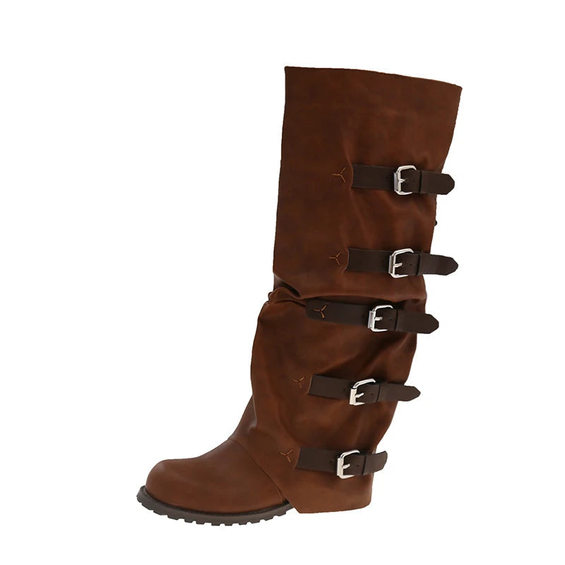 Aiertu    -  Women Knee-high Boots Summer Shoes Woman Knight Boots Woman Designer Buckle Chelsea Long Botas Pu Leather Motorcycle Shoes Aiertu