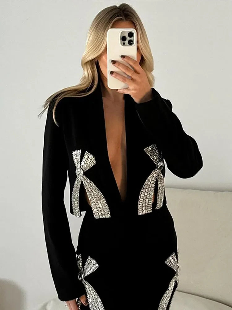 Aiertu  -  Women Diamonds Bow Cropped Long Sleeve Blazer Suits Fashion Elegant Wrapped Hip Mini Skirts Set New Fashion Evening Party Outfit Aiertu