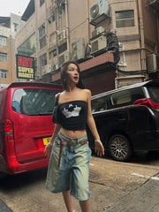 Aiertu  Knee-long Women Denim Shorts Gradient Blue Wash Cropped Jeans Straight Wide Leg Casual Pants Y2k Vintage Streetwear Aiertu