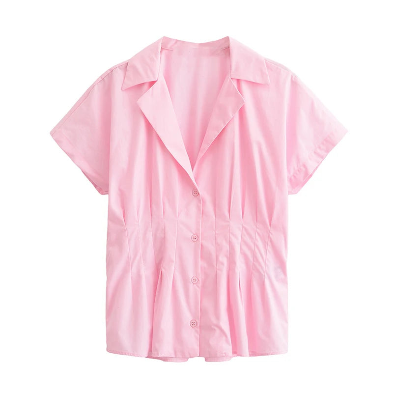 Aiertu  -  Fashion Women's Waist-Closed Shirts Solid Lapel Short Sleeve Button Pleated Lady Shirts 2025 Spring Summer Elegant Female Top Aiertu