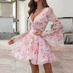 Aiertu  -  Elegant Deep V-neck High Waist Women's Dress 2026 Fashion Sweet Floral Print Short Dress Spring Elegant Slim Mini Party Dresses Aiertu