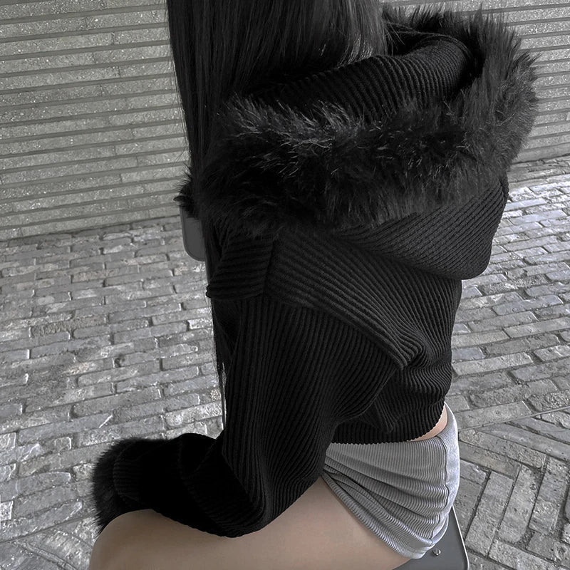 Aiertu  -  Y2K Corduroy Jacket Korean Fashion Women Furry Trim Hoodies 2000s Black Zipepr Coat Autumn Street Harajuku Outwear Aiertu