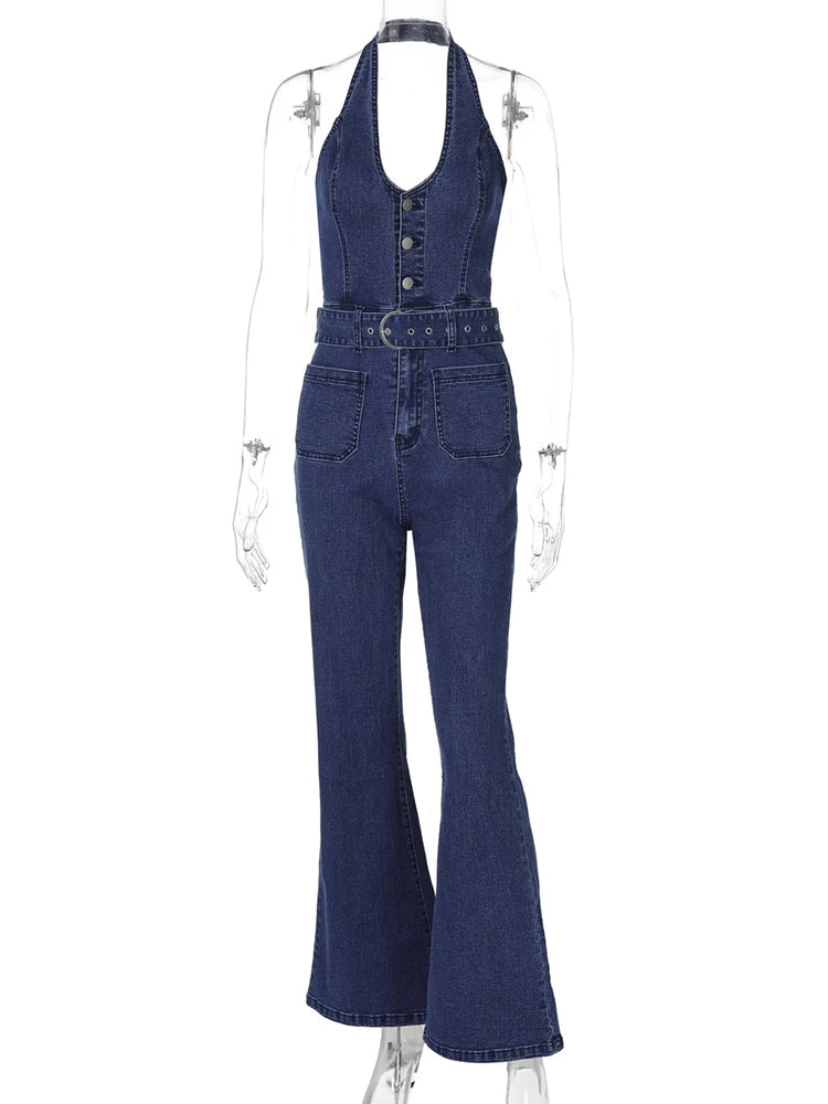 Aiertu  -  Halter Slim Denim Jumpsuits For Women Sleeveless High Waist Streetwear Backless Lady Fashion Sexy Plunge Rompers Outfits Aiertu