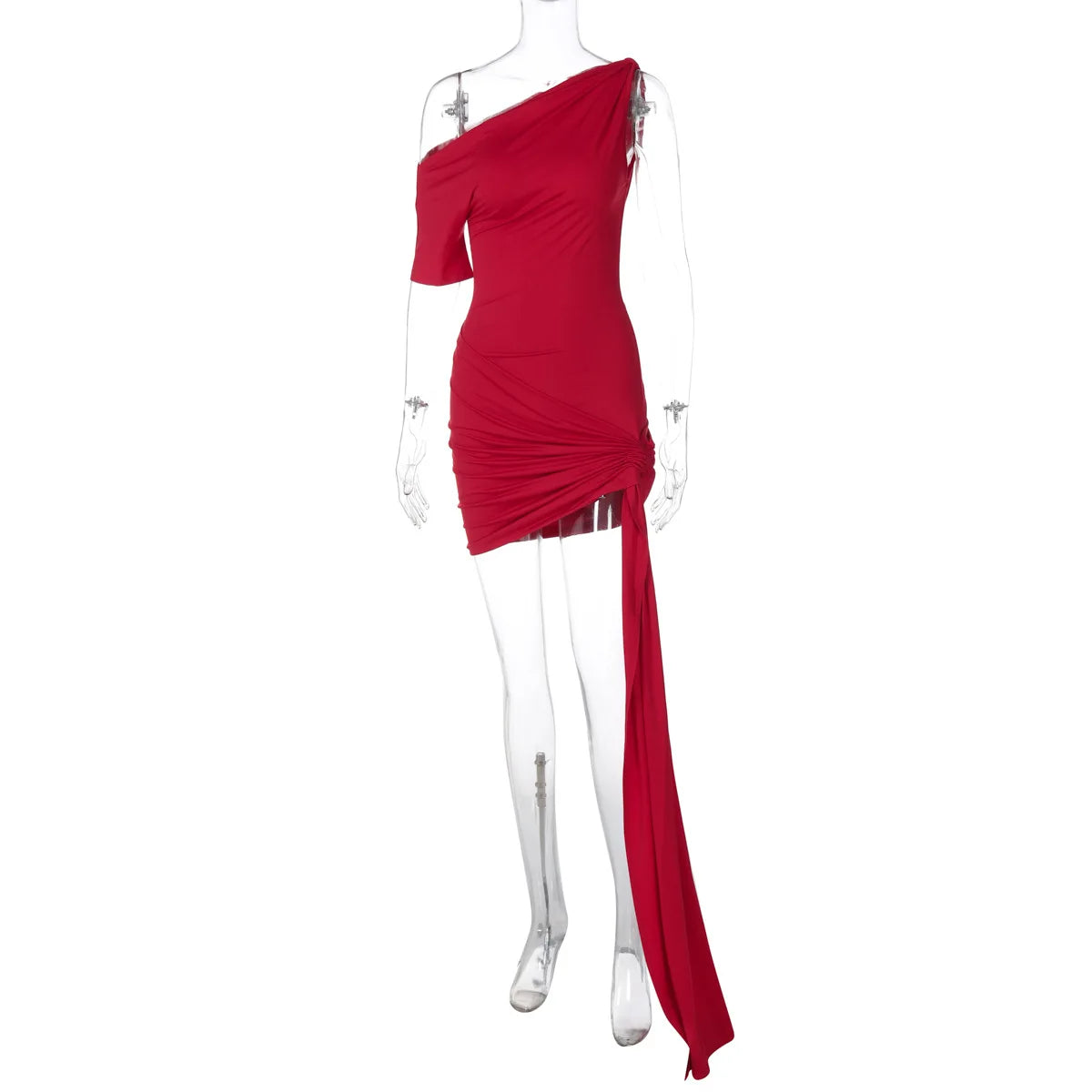 Aiertu  -  2025 Spring New Mini Dress Women's Sexy Slanted Collar Single Sleeve Tight Dress Irrgular Ribbon Party Ruched Dress Lady Aiertu
