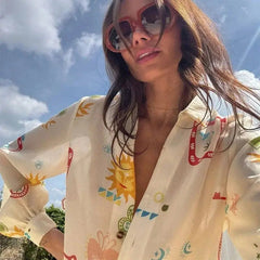 Aiertu  -  Women Fashion Elastic Waist Two Piece Sets Elegant Floral Print Lapel Long Sleeve Top Short Pants Suit Casual Holiday Outfits Aiertu