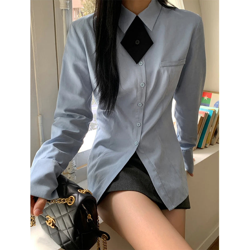 Aiertu Harajuku with Tie Shirts Women Japanese Preppy Blue Long Sleeve Blouses Spring Summer Korean Fashion Basic Slim Chic Tops Aiertu