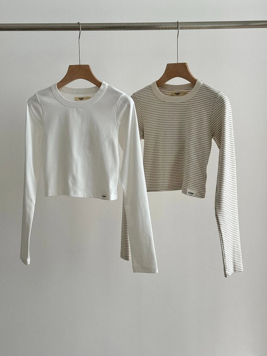 Aiertu  -  New Striped Cropped T-shirts For Women 2025 Spring Round Neck Slim Long Sleeve Tees Korean Fashion Casual Cotton Tops Tee Shirts Aiertu