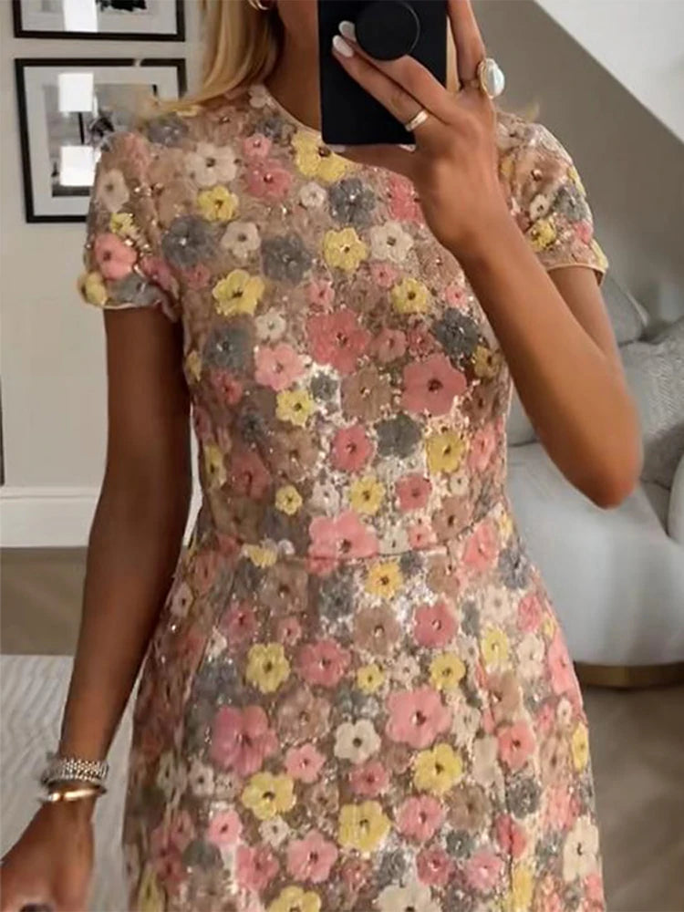 Aiertu  -  Chic Flower Mini Dress Women O-neck Short Sleeves High Waist A-line Dresses Female 2025 Spring Summer Fashion Floral Lady Robe Aiertu