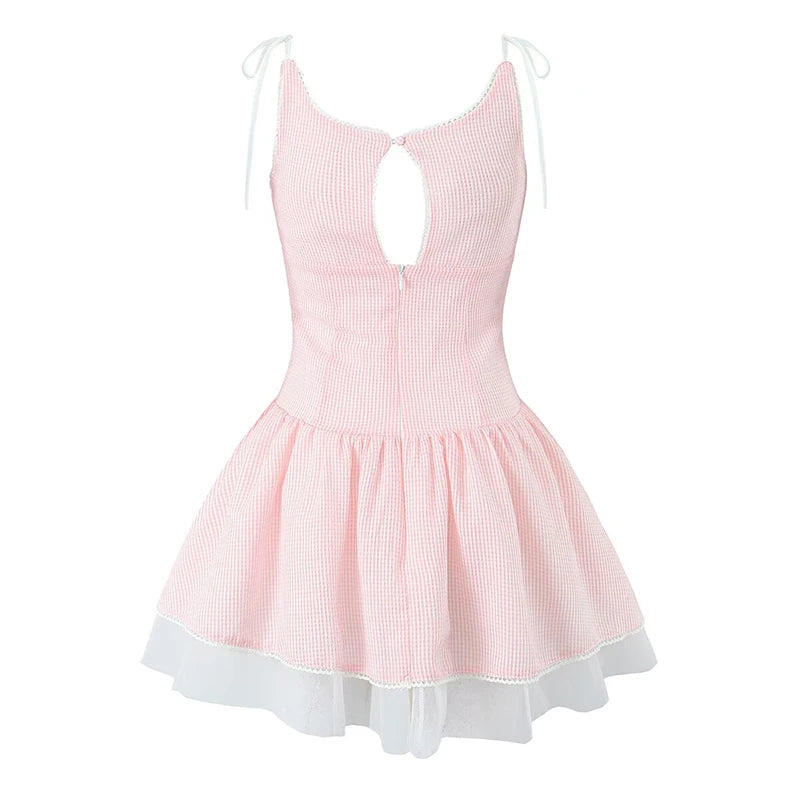Aiertu  -  New Women Mesh Patchwork Pink Striped Sling Mini Dress Sexy Low Waist O Neck A-line Holiday Summer Dresses Sweet Robe Aiertu