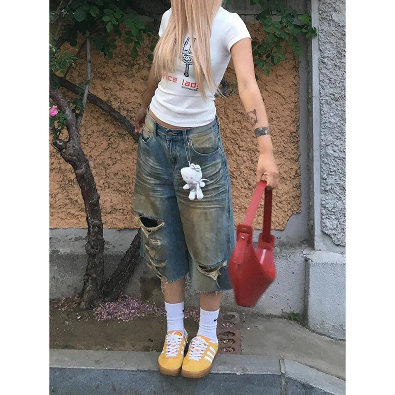 Aiertu  Women Short Jeans Blue American Ripped Y2K Straight Streetwear Wide Leg Pants High Waist Female Summer Knee Length Denim Shorts Aiertu
