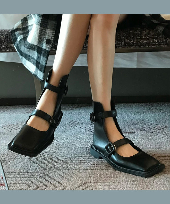 Aiertu  French Black Hollow Out Belt Buckle Sandals Boots Aiertu