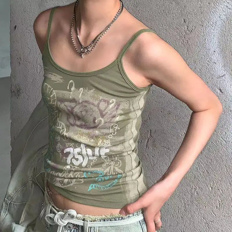 Aiertu  -  Summer Streetwear Grunge Cartoon Print Tanks Kawaii Cute Slim Sweet Y2k Aesthetic Tank Top Harajuku Women Camisole Trendy Aiertu
