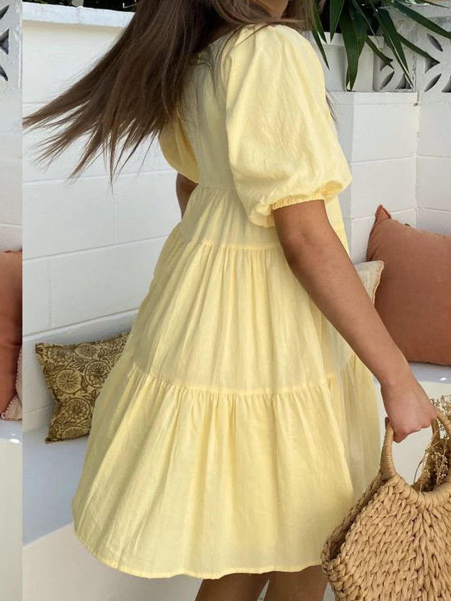 Aiertu  -  Elegant Maternity Dress for Summer Photoshoot - Stylish V-Neck A-Line Pregnancy Clothes with Puff Sleeves Solid Color Casual Aiertu