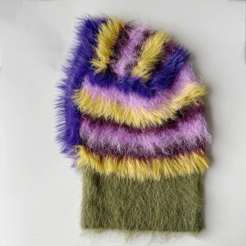 Aiertu  -  Winter Stripe Knitted Beanies Balaclava Hat Women Retro Fluffy Fur Knit Bonnet Outdoor Neck Warmer Windproof Skiing Skull Caps Aiertu
