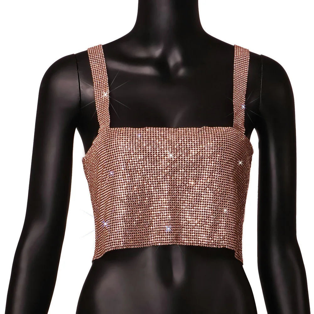 Aiertu  -  Metal Mesh Rhinestone Sleeveless Tank Top Women Back Hollow Chain Crop Tops Hot Girl Beach Sexy Club Party Vest Femme Aiertu