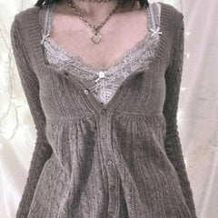 Aiertu  -  Elegant Vintage Y2k Knitted Sweater Women Sweet Long Sleeve Babydoll Pullovers 2000s Aesthetic Grunge Solid Sweaters Aiertu