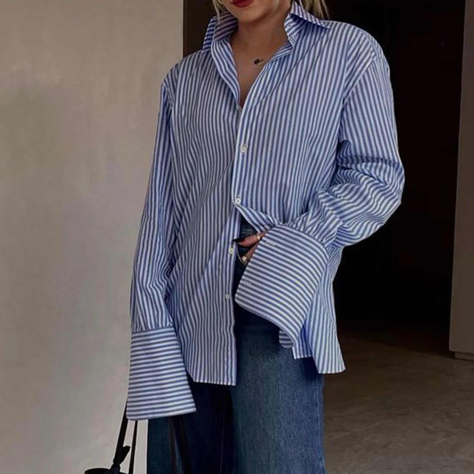 Aiertu  -  Women's Striped Shirt Fashion Loose Single Breasted Long Sleeved Top Office Lady Simple Splicing Long Shirt Female Aiertu
