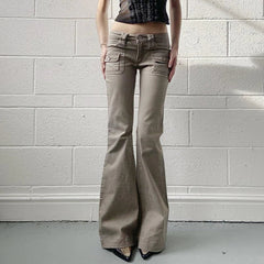 Aiertu  -  Y2K Flare Jeans with Pockets Women Stylish 2000s Vintage Khaki Slim Fit Denim Trousers Spring High Street Pants Lady Aiertu