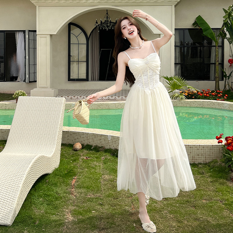 Aiertu  Women Summer Elegant Lace Mesh Slimming Sleeveless Princess Suspender Dresses Holiday Beach Sundress Evening Party Wedding Dress Aiertu