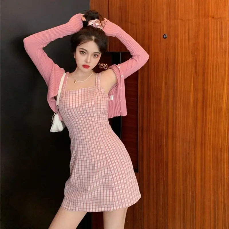 Aiertu  -  Sweet Hot Girl Knitted Suit Women's Autumn Long-sleeved Cardigan Plaid Strap Wrap Hip Dress Two-piece Set Fashion Female Clothes Aiertu