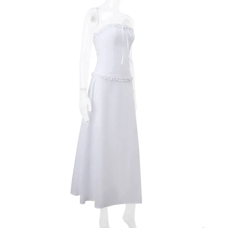 Aiertu  Elegant Strapless Lace Ruffles Off Shoulder Tank Top With White Long Skirt Aesthetic Gentle Slim Women 2 Piece Set Aiertu
