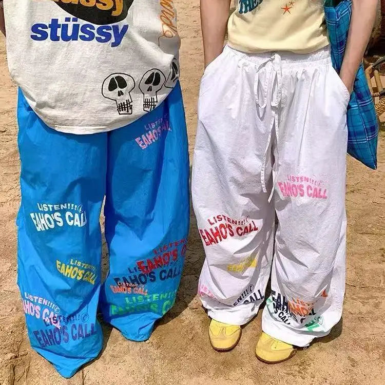 Aiertu  -  Summer new dopamine letter design sports wide-leg paratrooper pants American retro beach mopping trousers Aiertu