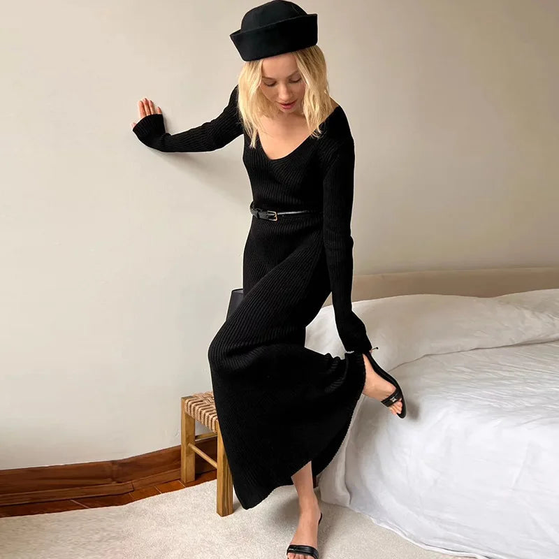 Aiertu  -  Women Knitted V-Neck Maxi Dress Slim Long Sleeve Ribbed Sexy High Waist Party Dresses Elegant Lady Solid Long Skirt 2026 Autumn Aiertu