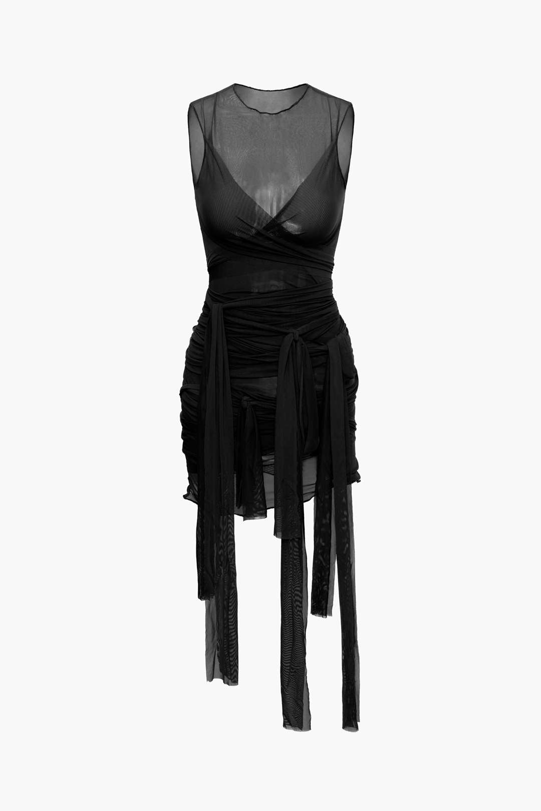 Aiertu  Sheer Mesh Wrap Tie Ribbon Mini Dress Aiertu