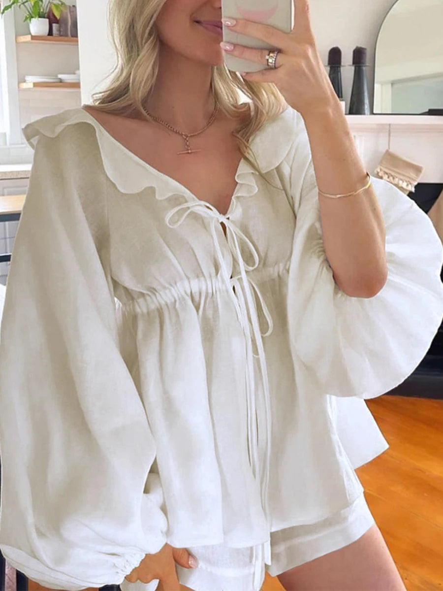 Aiertu  -  Women 2 Piece Outfits Ruffle Loose Tie Front Long Sleeve Shirt and Casual Elastic Shorts Club Streetwear Summer Clothes Aiertu